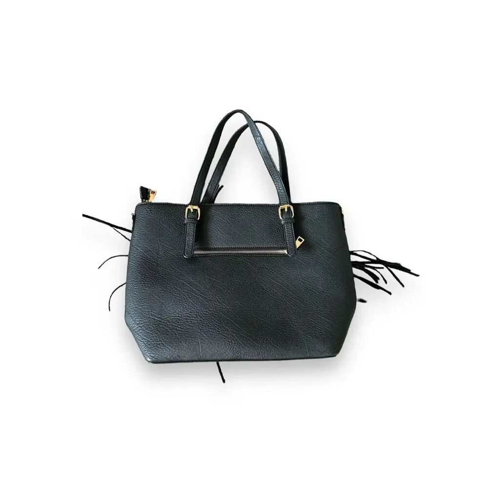 Womens Large Black Fringe Suede Embossed Studded Shoulder Bag Western Festival